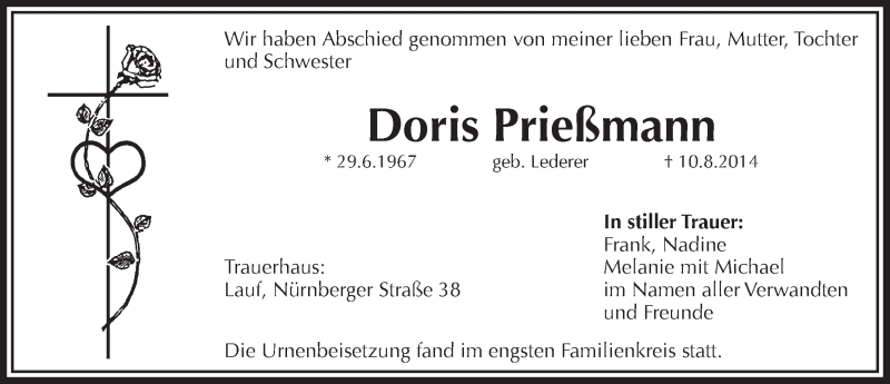  Traueranzeige für Doris Priessmann vom 30.08.2014 aus Pegnitz-Zeitung